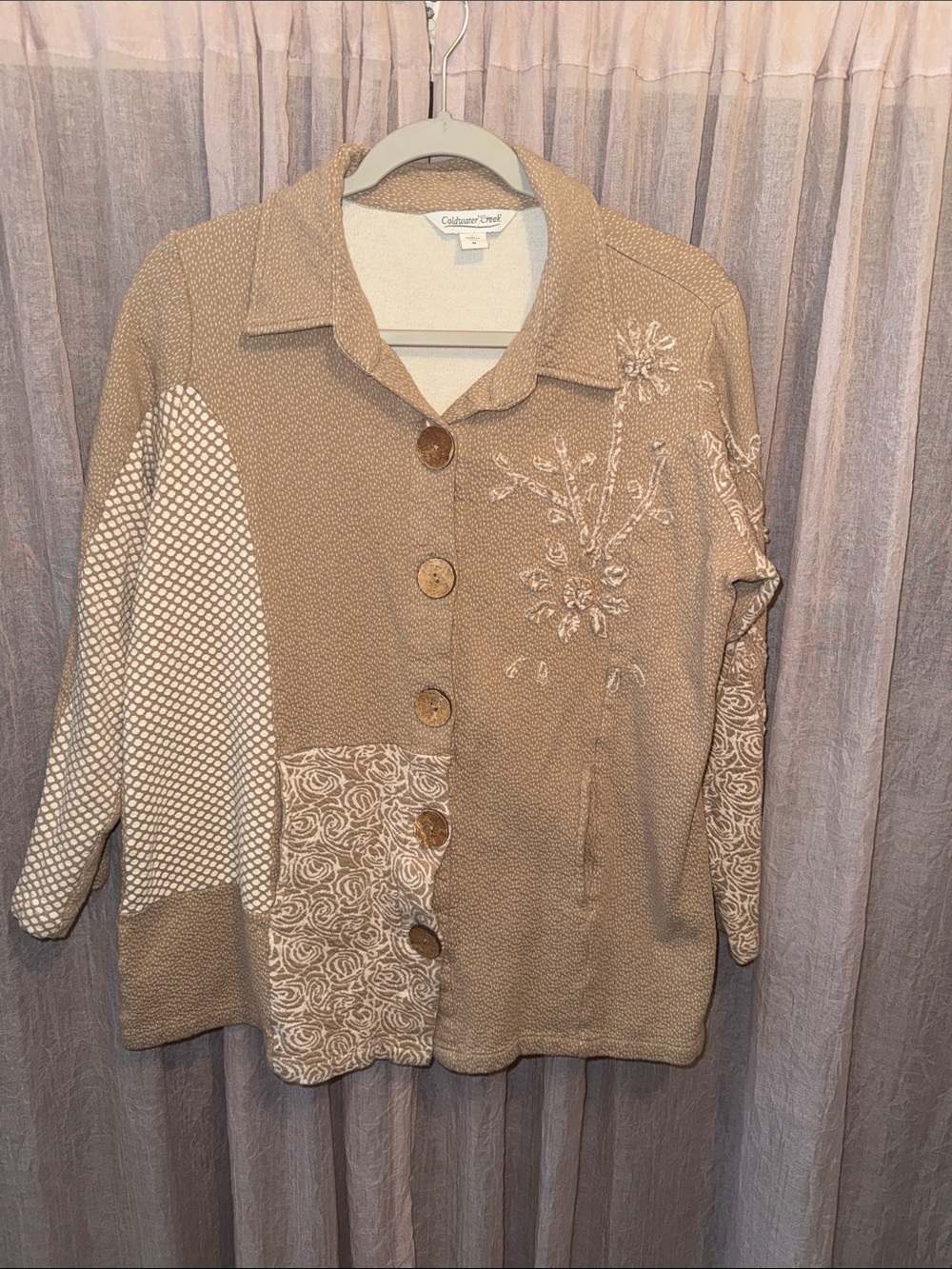 Coldwater Creek Neutral Patchwork Embroidered Button Cardigan